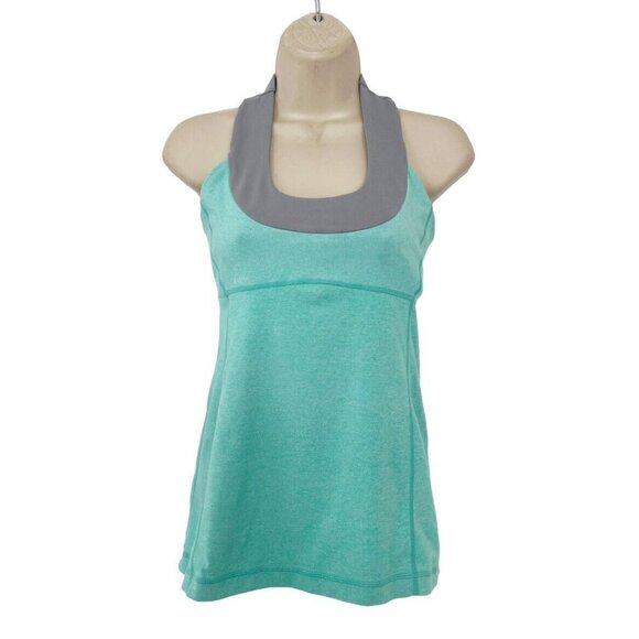 Lululemon Scoop Neck Tank Top Turquoise Gray Mesh T Back Women's Size 6 No Pads - Picture 2 of 8